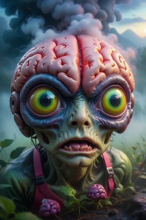 Zombie with brain exposed. Large eyes, scenery contained within eyes. Thick colorful mist. vibrant, photo realism, Masterpiece, (8k:1), best quality, ultra detailed, best artist, micro details, sharp edges, detailed textures, (full body shot), atmospheric lighting, visually stunning, perfect composition, trending on artstation