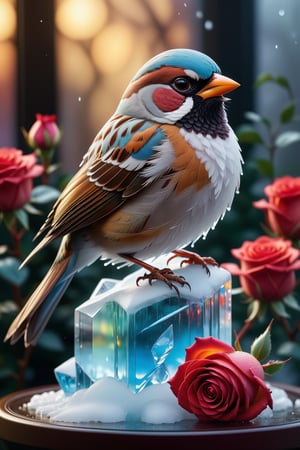 an ice sculptured statue of a sparrow perched on a rose, designed by Yukio Matsuo, in the style of Tim Linhart, ice crafted, colorful ice, showcasing its beauty, photorealistic, Ultra 16K quality, highly detailed, natural lighting, cool atmosphere, white natural fog background, radiant, intricate micro ice crafted details, phenomenal master piece, reflective ice, sharp focus, full wide view, Hyperrealistic, splash art, concept art, mid shot, intricately detailed, color depth, dramatic, 2/3 face angle, side light, colorful background. vibrant, Masterpiece, (32k), perfect anatomy, enhanced resolution, best quality, enhanced details, best artist, sharp edges, detailed textures, ((full body shot)), atmospheric lighting, visually stunning, perfect composition, trending on behance