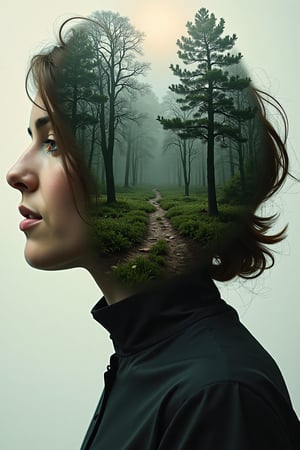 A portrait of a woman with a forest landscape blending into her hair