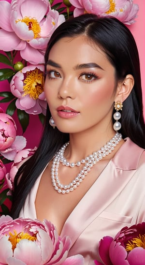 long black straight hair,  honey colour eyes, hi fashion, realistic ,  a lot of peonie flowers, big pearl jewellery, realistic, high fashion, a lot of peony flowers all around, vivid colours, bright colour background look, big pearl earrings and necklaces