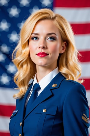 a vibrant blonde woman stands in front of an American flag. She is dressed in a blue military uniform, adorned with a white collared shirt and a blue tie. Her hair cascades over her shoulders, adding a pop of color to her face. The flag is adorned with white stars and stripes. The background is blurred, creating a stark contrast to the blue uniform.