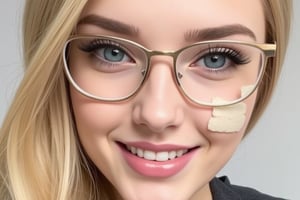 1girl, solo, blue_eyes, glasses, looking_at_viewer, lips, blonde_hair, realistic, grey_background, face, eyelashes, close-up, simple_background, portrait, smile, long_hair, bandaid, nose, parted_lips, eye_focus, teeth, blurry, eyebrows