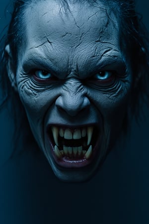 A close-up of a menacing creature's face, rendered in a dark and eerie style. The creature has a pale complexion, deep-set, cracked eyes, and sharp, menacing teeth. The color palette consists of deep blues, blacks, and grays, creating a somber and foreboding atmosphere. A deep blue background contrasts with the creature's pale skin, making it the focal point of the image