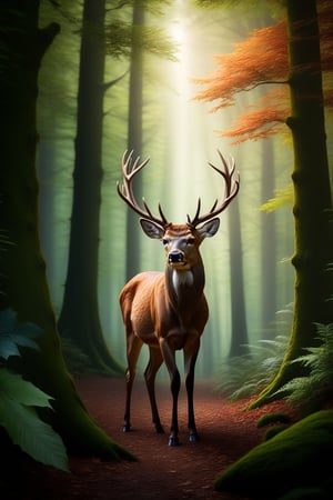 Hyperrealistic photo, distant shot of a beautiful deer, a very large male deer, with large antlers, is in a forest. The deer walks very slowly through the very lush forest, with large trees, the light enters through the leaves of the trees. The light creates a contrast of shadows on the animal. Beautiful scene, ultra detailed, hyperrealistic, colorful, distant.