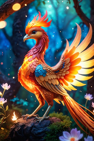 realistic photography of a cute magical phoenix with fiery rebirth in an enchanted wonderland, beautiful whimsical fantasy art concept, detailed background, glowing particles, intricate details, ultra sharp, realism