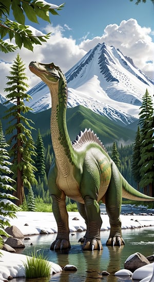 A serene forest scene, a colossal and gigantic long-necked dinosaur standing in a shallow stream, the dinosaur has a graceful towering neck and a curious expression, The surrounding landscape includes lush greenery and tall trees and a backdrop of majestic snow-capped mountains under a partly cloudy sky, tranquility and prehistoric wonder, insane details,