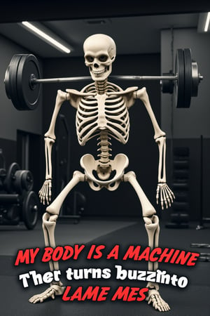 A realistic gym background with a semi-realistic skeleton viewed from the side, squatting with a barbell. Barbell is on the skeleton's shoulders. Zoom in on skeleton. The skeleton has its mouth open as if in effort. At the bottom of the image there are meme letters spelling out "My body is a machine that turns buzz into lame memes.” The text should be in bold, clear letters, prominently displayed to be legible and integrated into the scene.