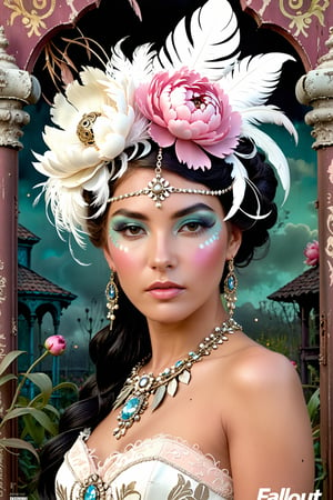 Vintage-inspired Fallout magazine cover featuring photorealistic portrait of woman, lost in thoughts, Rococo styling, ornate jewelry sparkling, peony fascinator intermingled with floral motifs, backdrop of ominous, fairytale-like garden turned post-apocalyptic, soft pastel shades merging with bold calligraphic flourishes, tribal face paint beneath feather-adorned headdress, plumes