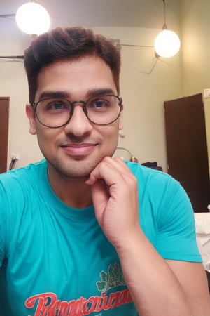 1boy, masterpiece, handsome, looking at viewer, blue eyes, 30yo, t-shirt, silky smooth hair, Taper Fade hair style, medium hair,cute smile, black glasses, random pose