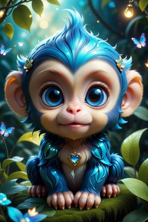 A Whimsical Adorable Cute Chibi Baby Monkey Composed Of Blue Colors with Endearing Iridescent Swirls, Sparkly, Ethereal Enchanted Garden, Big Shiny Eyes, Love Energy, Soft Lighting, 8k Sharp Centered Focus Quality, WLOP, Trending On Artstation, Intricate Details, Highly Detailed, Deep Color, Fantastical, Intricate Detail, Complementary Colors, Fantasy Concept Art, Trending On Artstation. vibrant, Masterpiece, (32k), perfect anatomy, enhanced resolution, best quality, enhanced details, best artist, sharp edges, detailed textures, ((full body shot)), atmospheric lighting, visually stunning, perfect composition, trending on behance