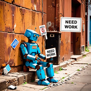 1 lonely sad robot detailed  rusty, dusty  sitting on the side of an alley wall,  holding a sign that says " Need Work " 