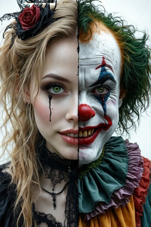 This is a highly detailed, realistic digital painting depicting a beautiful goth woman, half human, sinister clown. her left side is beautiful and graceful, she has blond hair and green eyes, everything looks human on her left side with a touch of gohtic makeup.
on the right side, her clown sinister face shows, with black tears.
her sinister clown side smiles maniacally, while your human side radiates a charming smile