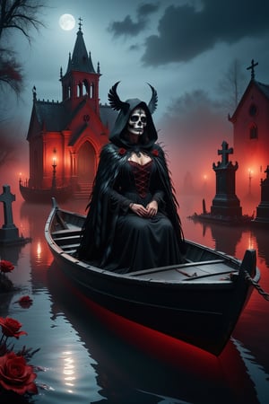 Female demon ferryman wearing a cloak of black feathers on a small boat in red water towards a small horrorful graveyard and a timeworn dark chapel in the night, mournful and requiem, lights in water, smoke and fog, dramatic sky and moonlight, withering flowers and skulls, masterpiece, , trending on artstation, sharp focus, studio photo, intricate details, highly detailed, by greg rutkowski. vibrant, Masterpiece, (32k), perfect anatomy, enhanced resolution, best quality, enhanced details, best artist, sharp edges, detailed textures, ((full body shot)), atmospheric lighting, visually stunning, perfect composition, trending on behance