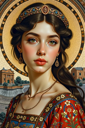 Byzantine Mosaics of a girl. (masterpiece, top quality, best quality, official art, beautiful and aesthetic:1.2), (1girl:1.4), portrait, extreme detailed, highest detailed, simple background, 16k, high resolution, perfect dynamic composition, bokeh, (sharp focus:1.2), super wide angle, high angle, high color contrast, medium shot, depth of field, blurry background,,itacstl