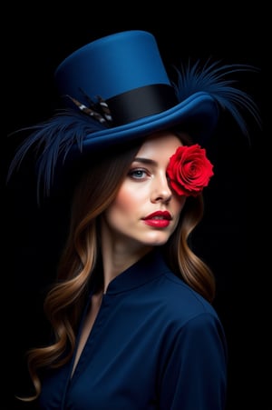 a woman's face is adorned with a vibrant red rose, adding a pop of color to the otherwise monochromatic scene. The woman's head is encased in a large blue hat, adorned with feathers and a black ribbon. Her hair is cascading down to her shoulders, framing her entire face. The background is a solid black, creating a stark contrast to the woman's outfit.