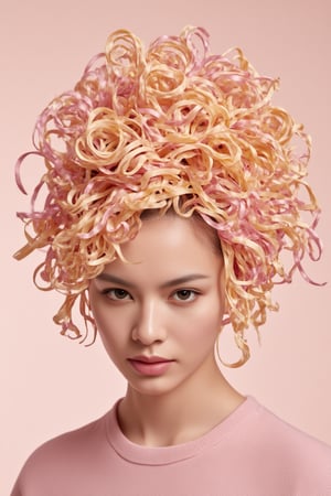 Portrait of a woman, with lush hair with voluminous shapes made of plastic noodles, surreal style, mix of natural and artificial, pastel tones, detailed hyperrealistic, 4K