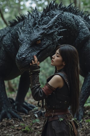 mythp0rt, masterpiece, beautiful oriental barbarian dragon tamer, long dark hair, bangs, circlet, leather and hide armour, affectionately strokes the nose of a huge dark dragon