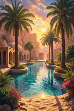 Desert oasis, palm trees casting long shadows in the golden sand, crystal clear water reflecting the vibrant colors of the sunset, exotic flowers blooming around, ancient ruins peeking through the palm leaves, tranquil and mystical atmosphere, painting style capturing the essence of oasis serenity.,painted world,in a jar