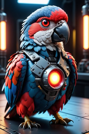 Robo parrot cosplaying as the terminator. One red glowing eye. Centered, mesmerizing, solo, vibrant, Masterpiece, (8k:1.5), enhanced resolution, best quality, enhanced details, best artist, sharp edges, detailed textures, ((full body shot)), atmospheric lighting, visually stunning, perfect composition, trending on behance