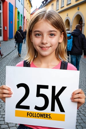 a cute young teen german girl holding a sign stating (TEXT "2.5k followers"), extremly detailed.