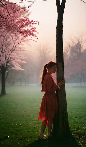 highly detailed and hyper realistic photo, by nan goldin, Sophie Harris Taylor , a infrared photography of a Rear view, side view, soaked_tea_brand, amidst beautiful cherry trees with ripe cherries, standing on tip toes, Stretching to get a Cherry, a freckled natural busty blonde/Red haired freckled Woman with messy ponytail amidst the red ripe cherries in high Grass, infront of the atmospheric sunrise, see through long white boho inspired blouse with cherry stains, sexy body silhouette, , limited dark palette, vibrant colors, faded, atmospheric haze, highly dramatic cinematic lighting, motion blur, film grain,  professional, excellent composition, finest details, maximized details, ultimate detail level, masterpiece, best quality, ISO 300, 1/250s, F/2,8, 38 mm, extremely high quality RAW photograph, 4k, sharp focus, high resolution, 8k UHD, DSLR, high quality, film grain, Fujifilm XT3