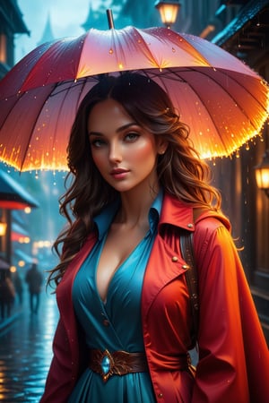 An enchanting figure made of enchanted flames stands holding a magnificent umbrella made of cascading raindrops that resemble sparkling diamonds. This image is a breathtaking painting that captures the magical scene with vivid detail. The flames flicker with a mesmerizing glow, casting a warm and inviting light. The umbrella appears to shimmer and glisten as the raindrops fall gracefully, creating a sense of wonder and enchantment. The overall composition is spellbinding, showcasing a perfect harmony between fire and water elements. photorealism fantasy, unreal engine 5, concept, in the style of Dan Mumford, vibrant, Masterpiece, (32k), perfect anatomy, enhanced resolution, best quality, enhanced details, best artist, sharp edges, detailed textures, ((full body shot)), atmospheric lighting, visually stunning, perfect composition, trending on behance