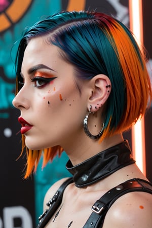 a cyberpunk goth girl, short straight-cut bob, dark eyeshadow, red lips, make-up, earrings, side view, mythp0rt, mad-cbrpnksplshrt, paint splashes, teal and orange