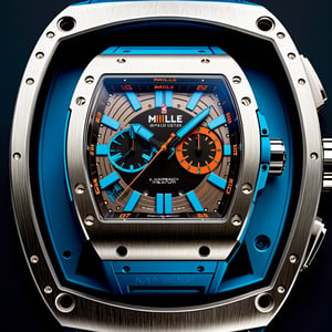 Richard Mille RM 07-01 INTEGRAL watch as the centerpiece of a conceptual poster, surrounded by the essence of futuristic industrial design, artisans' silhouettes visible in the periphery, crafting with vintage tools to instill a modern ethos, "50M/165FT" water resistance logo prominent, capturing the harmony of old-world charm and high-tech innovation.