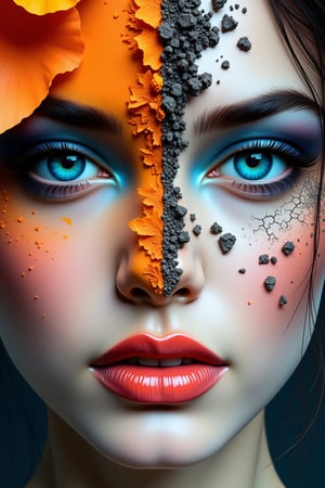 A digitally manipulated image of a woman's face split into two contrasting halves. The left side is in color, featuring vibrant orange and blue makeup with fragments of orange petals breaking away. The right side is in grayscale, with textured elements resembling cracked earth or soil. Both halves are unified by piercing blue eyes, emphasizing the contrast between color and monochrome, as well as beauty and decay.