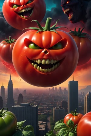 Conceptual Art of Darkcore aesthetic, portrait of a b-movie poster with a cheesy title featuring giant, menacing tomatoes attacking a city, bright colors, stunning background. dark and moody, a mesmerizing blend of light and shadow. masterpiece, absurdres, intricate details , concept art