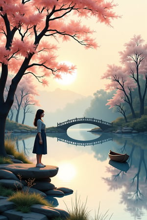 A serene scene unfolds: a lone female figure stands at the edge of a tranquil lake, situated amidst a dense forest. The setting sun casts warm hues upon the surrounding foliage, with blooming branches of cherry trees stretching towards the sky. A traditional Chinese bridge arches over the water, its intricately carved rails reflected in the calm lake. In the distance, a small wooden boat gently rocks on the shore, surrounded by an expanse of negative space. The entire composition is rendered in soft, expressive lines reminiscent of Chinese ink drawing.