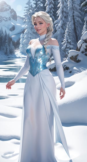 Elsa from Disney Live series, (detailed stunning snow environment) , cinematic, cover art, full body, Elsa with snow as a background, highly detailed, smooth, sharp focus, cinematic lighting, atmospheric, ultra photoreal, 8k sharp focus, smiling, attractively athletic, surprised, swimming, lake scenery