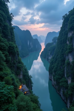 Twilight Tranquility in Tam Coc Bich Dong. Low clouds., Miki Asai Macro photography, "Twilight Tranquility in Tam Coc Bich Dong" captures the essence of serene dusk in the mystical landscapes of Tam Coc Bich Dong, where low-hanging clouds cloak the ancient karst formations in an ethereal embrace,masterpiece by Greg Rutkowski, inspired by the mesmerizing macro photography of Miki Asai,close-up, hyper detailed, trending on artstation, sharp focus, studio photo, intricate details by greg rutkowski, 
,photo r3al