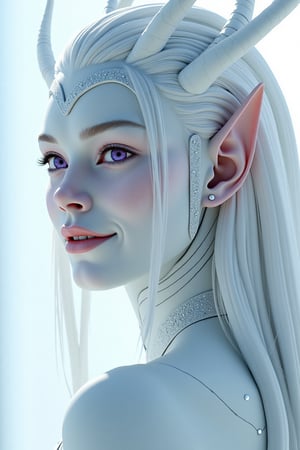 (Anya Taylor-Joy) as an albino Na'vi, female, ((white skin)), ((albinism)), ((white hair)), (long straight hair), (purple colored eyes), pale (barely visible) stripes, white color palette, smiling, pointy teeth, beautiful na'vi, action scene, portrait view, profile view, realistic_eyes, hyper_realistic, extreme details, HDR, 4k quality, perfect quality, perfect image, HD quality, movie scene, Read description, ADD MORE DETAIL