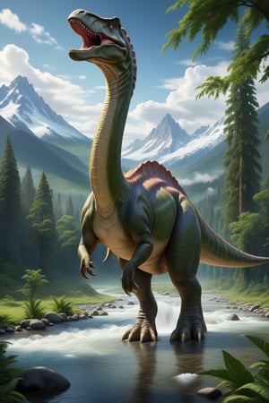 A serene forest scene, a colossal and gigantic long-necked dinosaur standing in a shallow stream, the dinosaur has a graceful towering neck and a curious expression, The surrounding landscape includes lush greenery and tall trees and a backdrop of majestic snow-capped mountains under a partly cloudy sky, tranquility and prehistoric wonder, insane details, , , , , , 