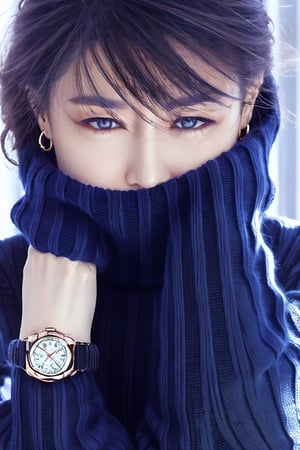 1girl,solo,looking at viewer,bangs,black hair,long sleeves,brown eyes,jewelry,upper body,earrings,black eyes,sweater,turtleneck,watch,turtleneck sweater,covered mouth,wristwatch,black sweater
