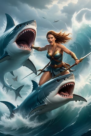 illustration,portrait,In the midst of a raging sea battle, a fearless woman rides an attack shark with precision, wielding a trident in hand as she leads her aquatic cavalry into the fray