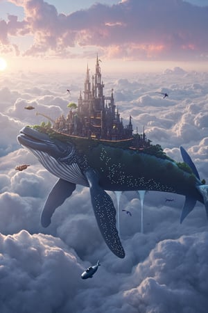 High above the clouds, a sprawling city sits on the back of a massive, floating whale. The whale’s skin glows faintly, rippling with the bioluminescence of a thousand tiny creatures living on its surface. The city itself is a marvel of engineering, with tall spires, bridges, and intricate towers that extend across the whale’s vast back. Airships and flying creatures dart between the buildings, and the people below live in harmony with the whale, tending to gardens that float in the sky and collecting water from the misty clouds. The whale glides gracefully through the air, its slow, rhythmic movements casting a peaceful calm over the city, while above, the sun sets, painting the clouds with hues of pink, gold, and purple.