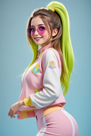 score_9, score_8_up, score_7_up, score_6_up, 18 years old, straight hair, ponytail, big smile, flirty grin, neon green hair, young face, pastel thick rimmed sunglasses, oversized varsity jacket, portrait, glossy lips, turning to face viewer, head tilt, 1 girl, perky, looking at viewer, adorable, petite body, side view, looking at viewer, round face, 18 years old, cutest girl in the world