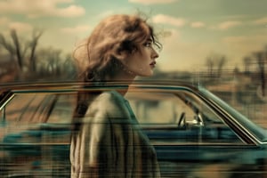 A woman with long, wavy brown hair, wearing a floral dress, standing in front of a black car, with her reflection visible on the car's surface. The image has a dreamy, ethereal quality, with a vintage filter applied. The background is a rural landscape with a stone wall and a clear sky. The photo was likely taken with a Canon EOS 5D Mark III, f/2.8, 1/250s, ISO 200. The image has a grainy texture, giving it a nostalgic feel. The woman's expression is serene and contemplative.