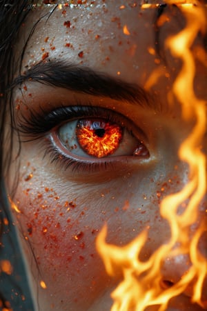 zavy-drkcnmtc, long shot scenic professional photograph of An extreme close-up of a woman eye, showing intricate scales and reflections of a burning town. The flames and smoke are vivid and intense, with ash drifting in the air. The woman iris glows ominously. The eye glowing with a radiant shimmer, reflecting the red flames of a large fire. Realistic style., perfect viewpoint, highly detailed, wide-angle lens, hyper realistic, with dramatic sky, polarizing filter, natural lighting, vivid colors, everything in sharp focus, HDR, UHD, 64K