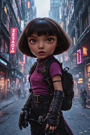 In a gritty cyberpunk metropolis, Dora the Explorer morphs into a stunning digital painting, bathed in neon hues and high-contrast lighting. Her portrait, akin to Henriette Kaarina Amelia von Buttlar's realistic artwork, exudes fashion sense and tenacity. Framed by towering skyscrapers and holographic advertisements, Dora's striking visage dominates the composition, her eyes gleaming like LED lights in a darkened alleyway. Amidst this dystopian landscape, her pose screams defiance, as if ready to conquer the virtual realm with nothing but a backpack full of digital gadgets.,.., in the style of Frank Frazetta, Arthur Rackham, Dean Cornwell, pulp, volumetric lighting, dramatic lighting, pulp sci-fi, black, smoke, belt, backpack, warm colors