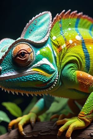 photo of a chameleon cinematic lighting, extremely detailed, high detail, hires textures, incredibly detailed, intricate details, intricate diorama, masterpiece, outstanding intricacies, photorealism, true masterpiece,  beauteous, Intricately designed