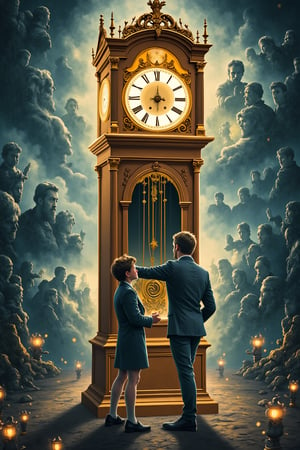 A mysterious antique clock begins to transport its owner through different eras of history. The poster shows a vintage grandfather clock with glowing hands, set against a backdrop of swirling, time-warped landscapes. The main character, a curious historian, is seen reaching out to touch the clock, with faint images of historical figures and events appearing around them.