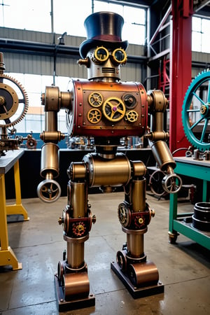 (medium full shot) of antique steampunk robot, nickel body, with equipped with brass goggles, bowler hat with cogs, hydraulic legs, clockwork device, located in  a vibrant factory, with colorful machinery, dynamic assembly lines, modern tools, and eclectic decor, ,Masterpiece,best quality, photo, realistic, very aesthetic