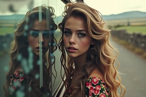 A woman with long, wavy brown hair, wearing a floral dress, standing in front of a black car, with her reflection visible on the car's surface. The image has a dreamy, ethereal quality, with a vintage filter applied. The background is a rural landscape with a stone wall and a clear sky. The photo was likely taken with a Canon EOS 5D Mark III, f/2.8, 1/250s, ISO 200. The image has a grainy texture, giving it a nostalgic feel. The woman's expression is serene and contemplative.