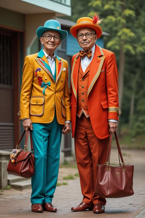 It is a stunning full-body photo of two extremely tall and skinny quirky elderly couple, a man and a woman, with eccentric figures. They wear outrageously colorful Vogue-style outfits and large, extravagant glasses, complemented by whimsical and flamboyant hats. The image is in soft focus and a vertical format, naturally lit with an f2 aperture on a 50mm lens. The style is inspired by classic chrome, with a slight film grain and intricate cinematic lighting. The image is highly detailed, with sharp focus and a touch of visual humor.