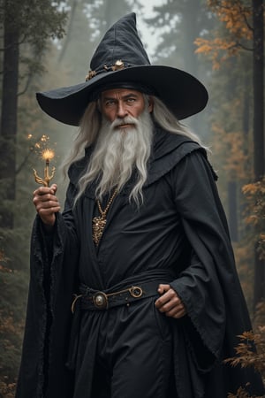 one old male Powerful sorcerer named Sorcerer, Long White Beard and long white hair, Intense eyes, with Dark mystical in head, wearing Black robe and a wizard hat ,wearing Flowing black pants, , Art by Alphons Mucha, Clayton Crain, Stjepan Šejić, interactive image, highly detailed.