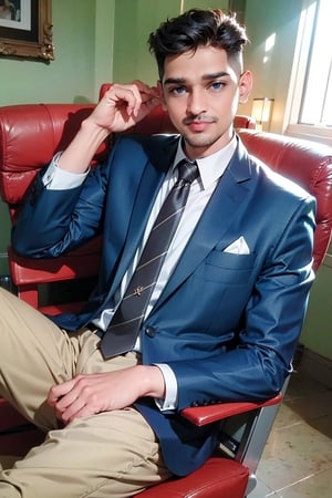 1boy, looking at viewer, blue eyes, 6yo, two piece suit, silky smooth hair, Taper Fade hair style, medium hair,cute smile, sitting, chair,