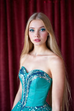 a beautiful young woman with long blonde hair is stunning in front of a backdrop of a maroon curtain. She is wearing a teal strapless dress adorned with blue and silver sequins, adding a touch of sparkle to her outfit. Her eyes are a piercing blue, her lips are a darker shade of pink, her eyebrows are a lighter shade of blue. Her left hand is resting on her hip, adding her attention to the scene.